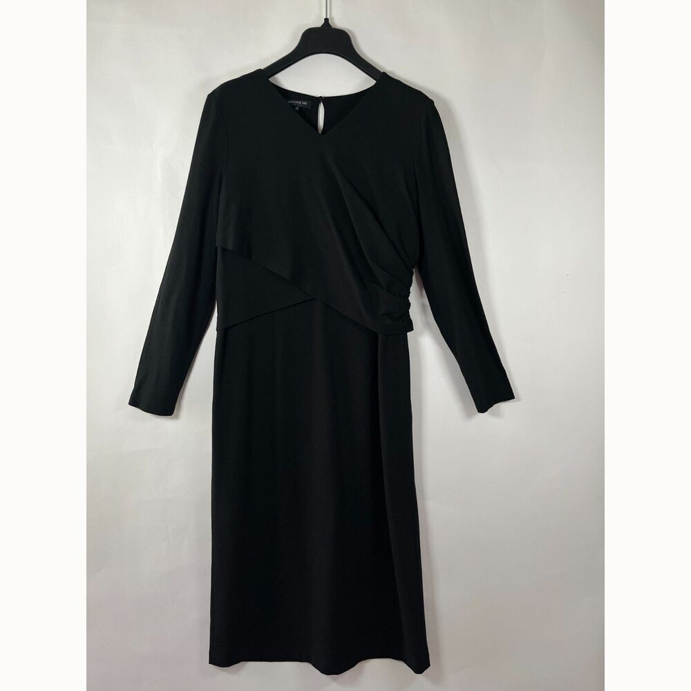 Lafayette 148 Midi Dress Black‎ Size 14 Black Ruched Classic Neutral Capsule